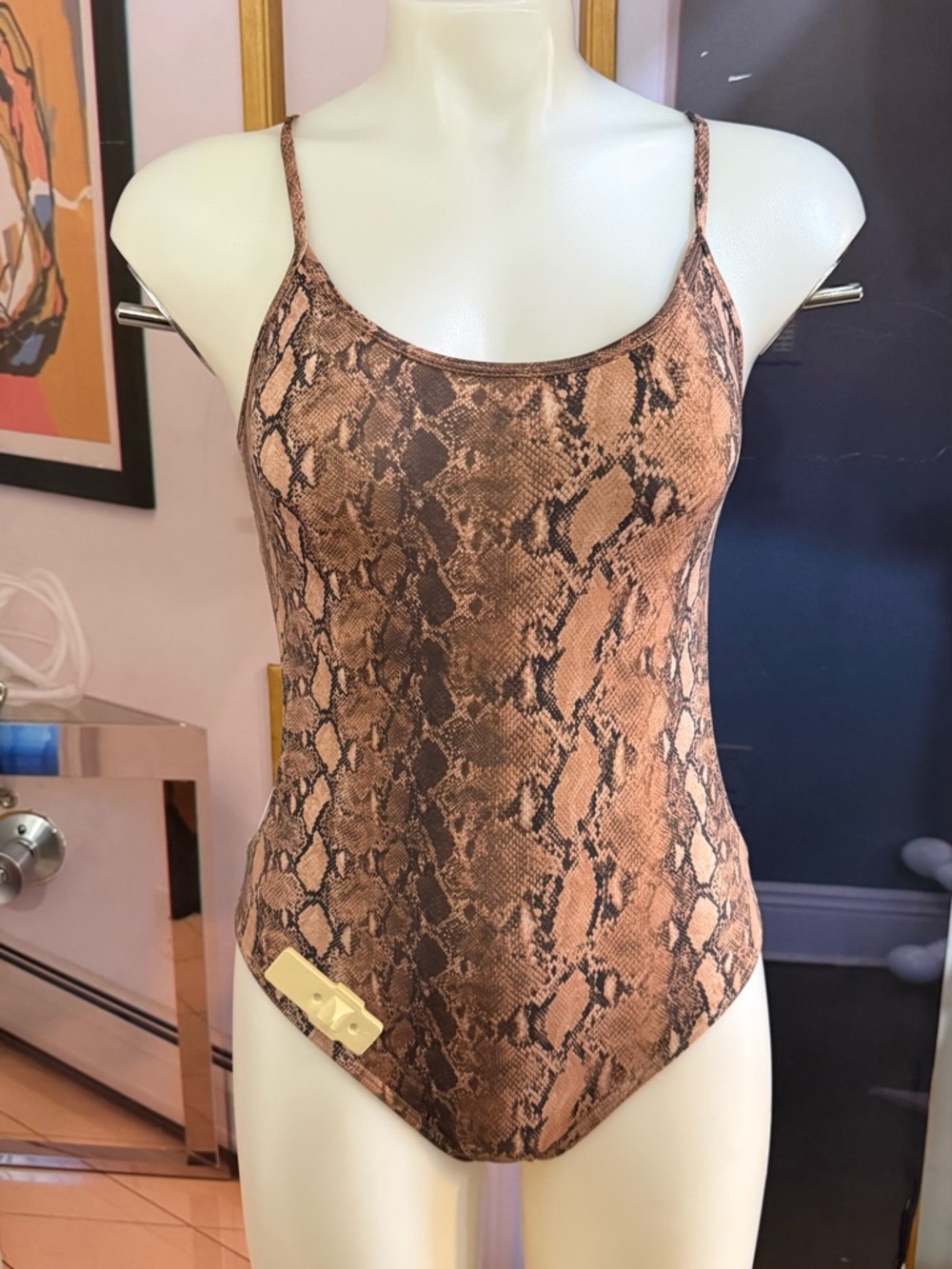 Snake Print Spaghetti Strap Bodysuit - Brown